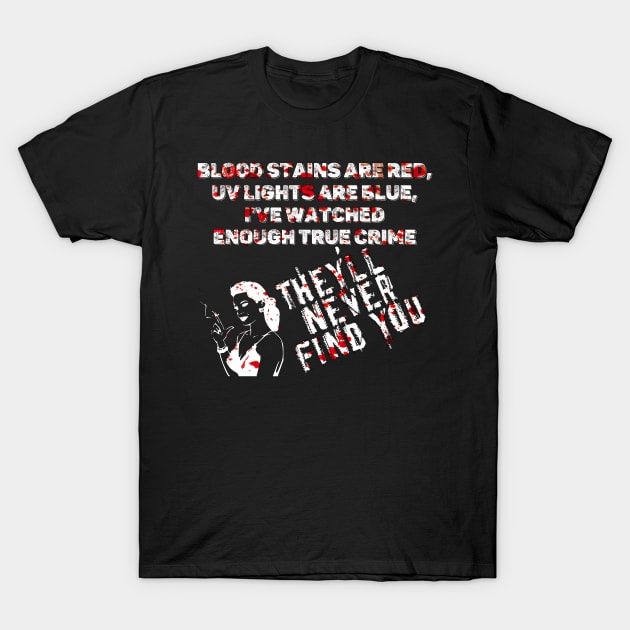 Blood stains are red ultraviolet lights are blue They'll never find you - UV - Halloween T-Shirt by hasbeenz